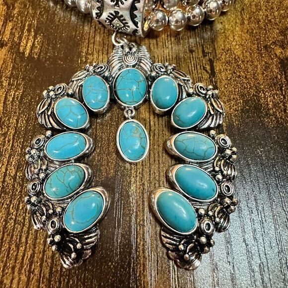 Large Squash Blossom Pendant Chunky Necklace and Earrings Set with Turquoise St - Picture 6 of 11